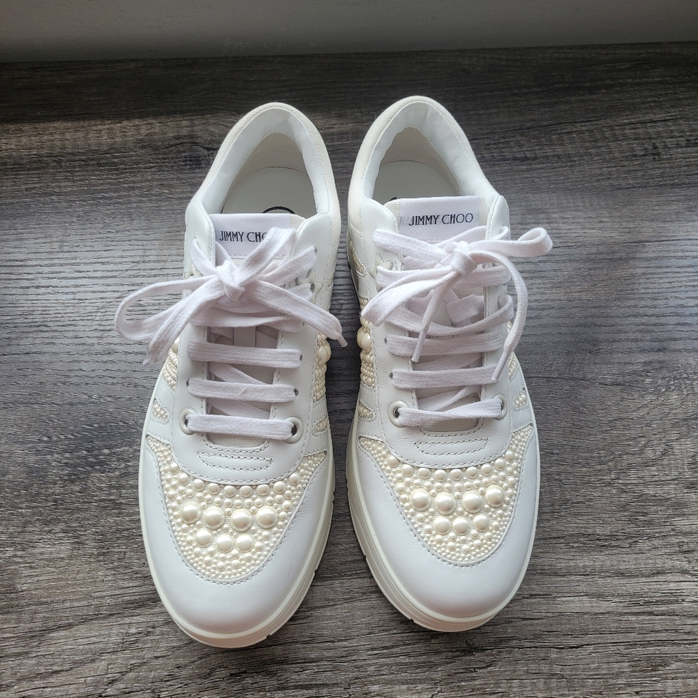 Jimmy Choo White Pearl-Embellished Leather Sneakers - Picture 2 of 11